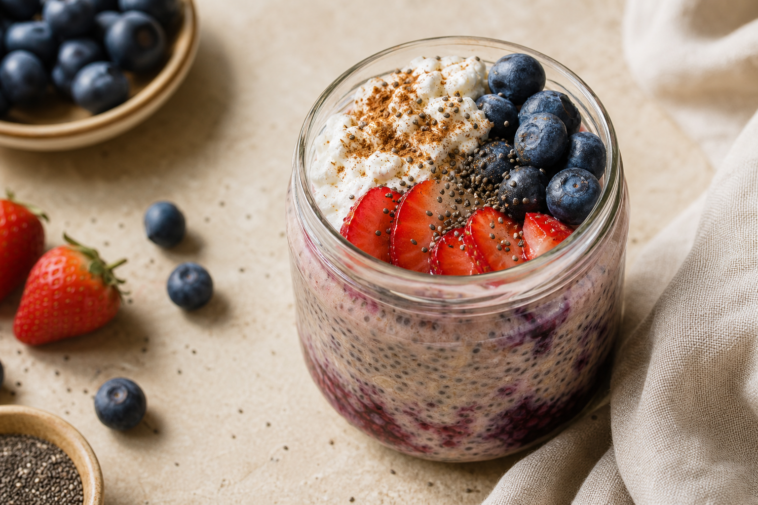 Berry chia overnight oats with cottage cheese, strawberries, and blueberries