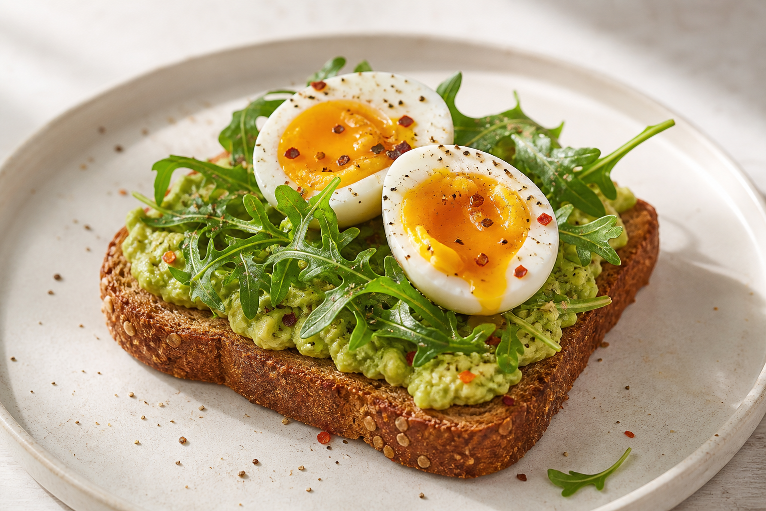 Whole-grain avocado toast with soft-boiled eggs and arugula