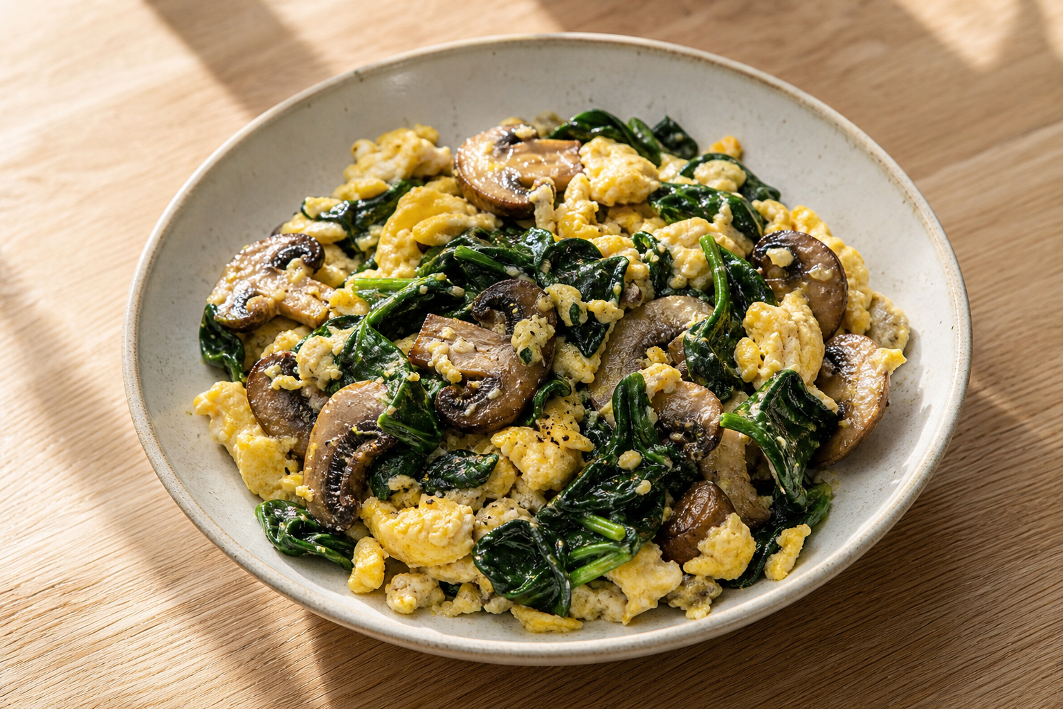 Spinach and mushroom egg scramble in a ceramic bowl