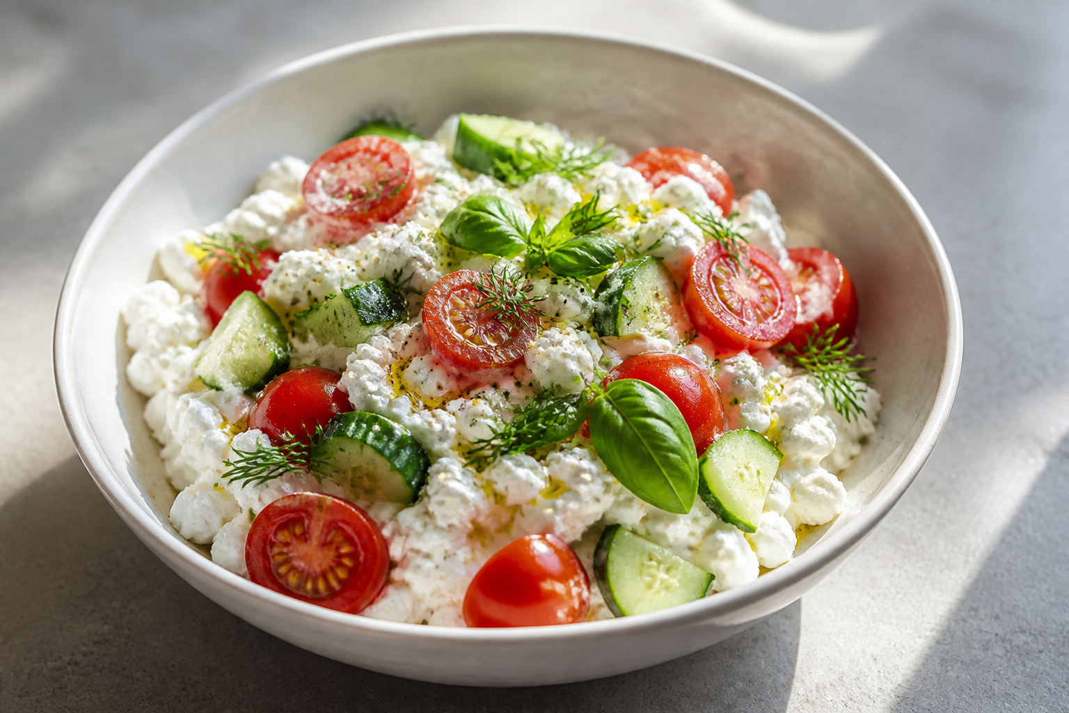 Savory cottage cheese bowl with cucumber, tomatoes, dill, and basil