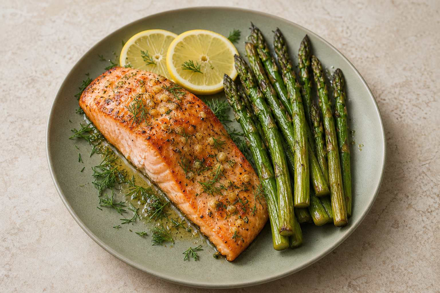 Garlic baked salmon with asparagus, dill, and lemon