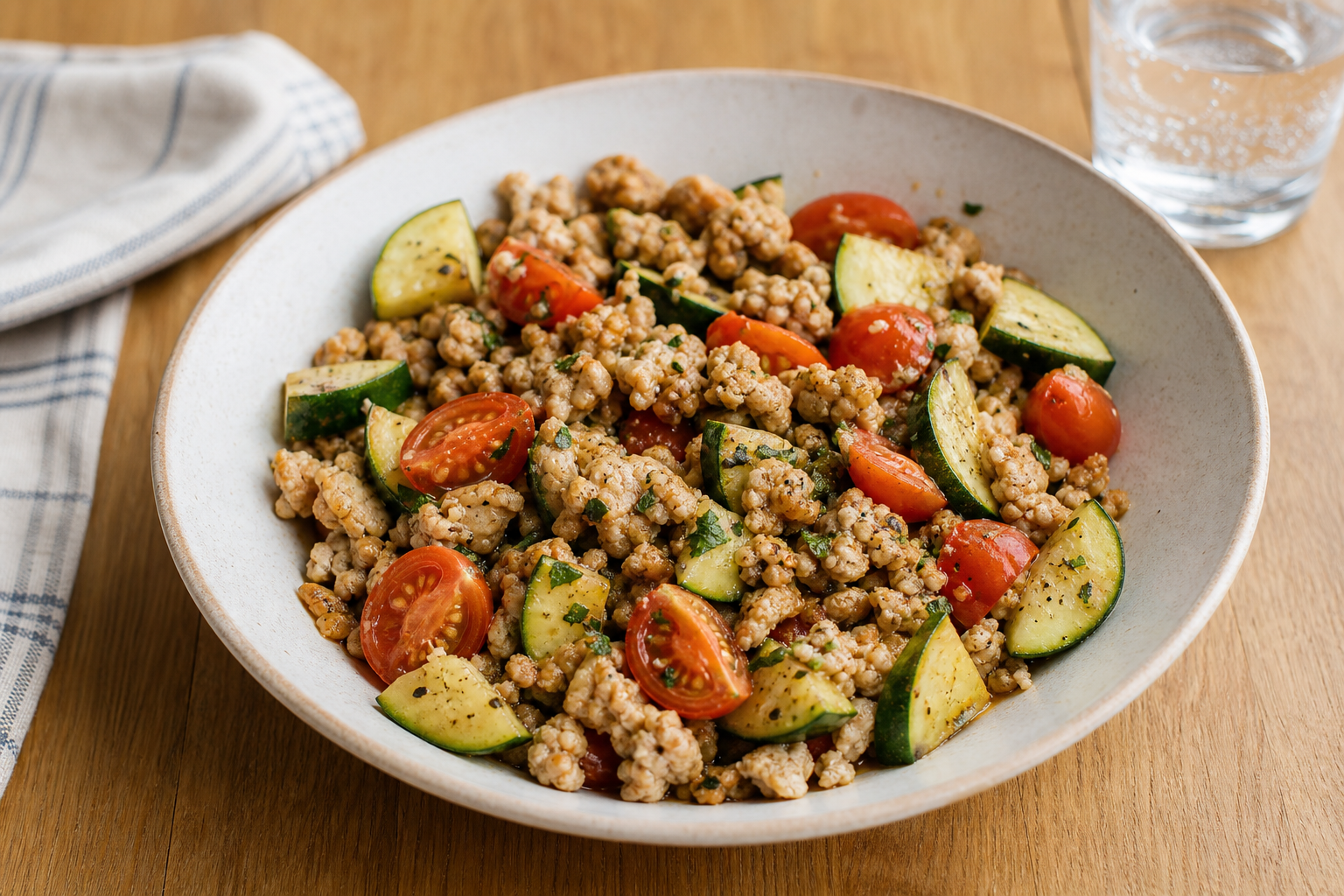 Lean turkey zucchini skillet with cherry tomatoes and herbs