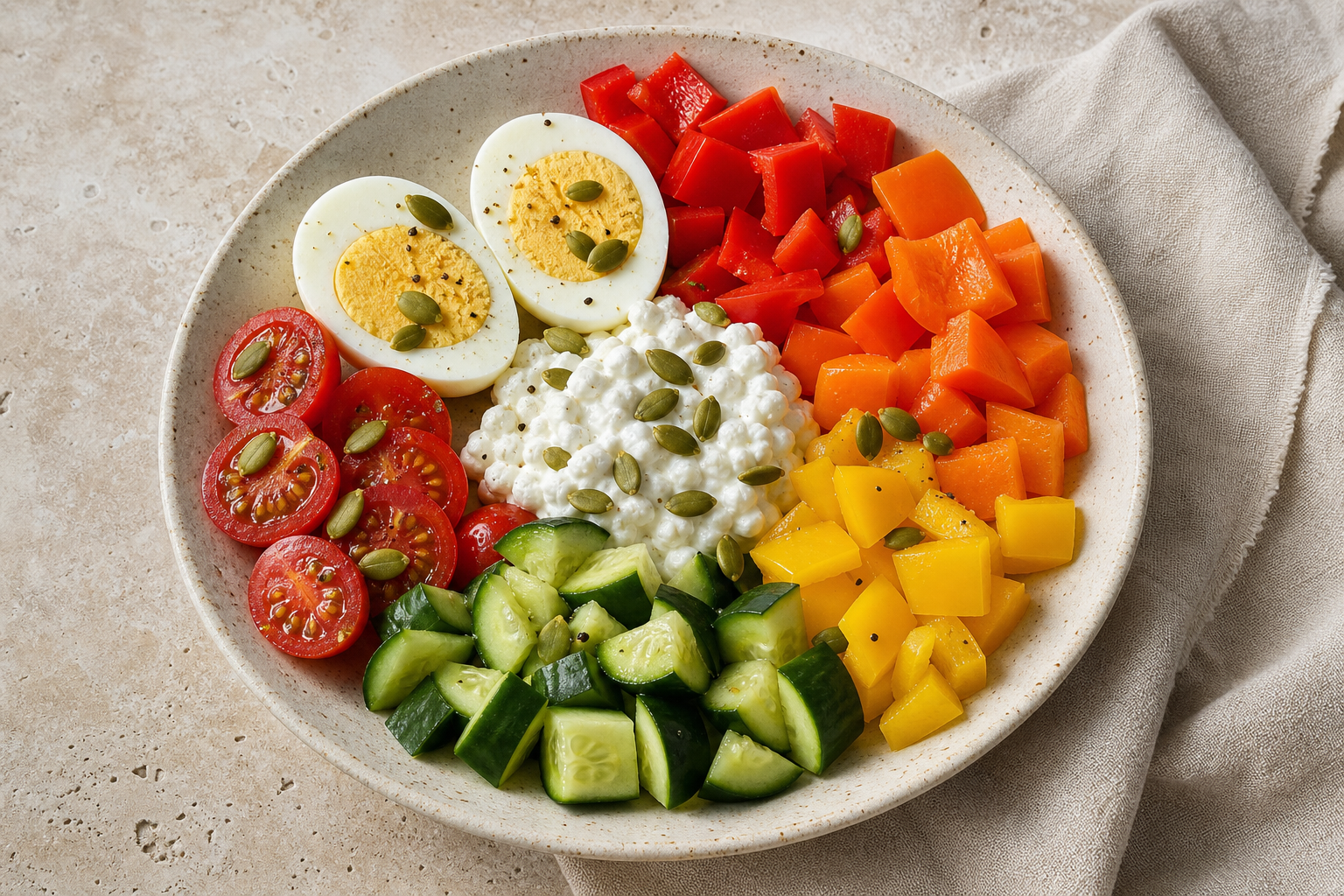 Rainbow vegetable power bowl with eggs, cottage cheese, and pumpkin seeds
