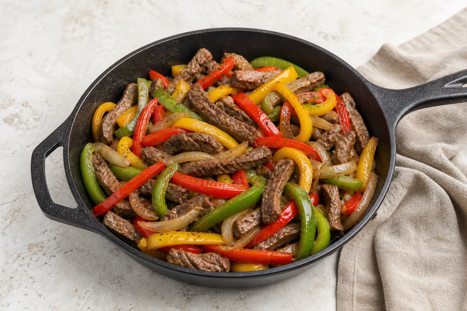 Lean beef strips with colorful bell peppers and onions in a skillet